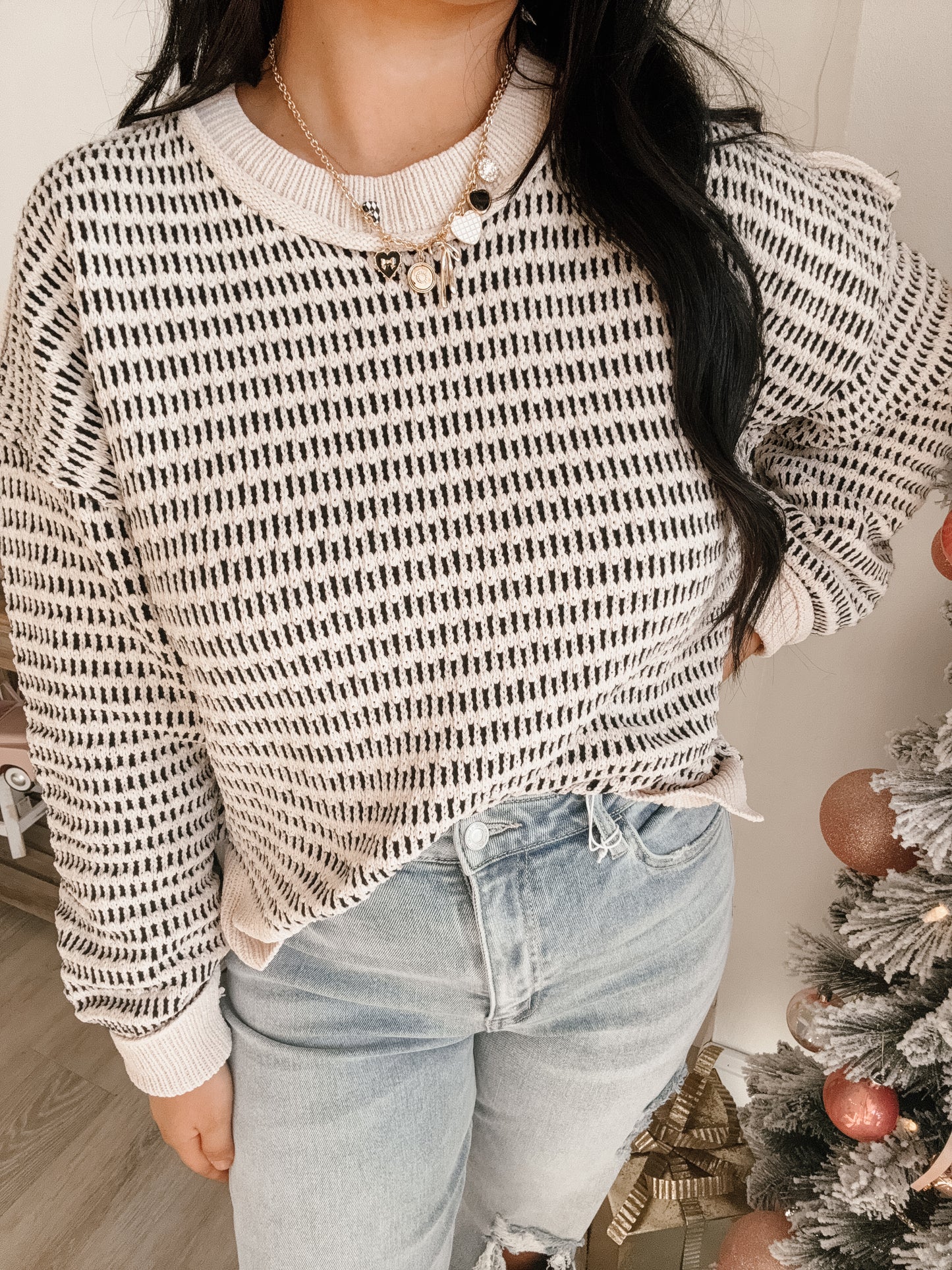 Two Tone Textured Knit Casual Sweater Top (2 colors)