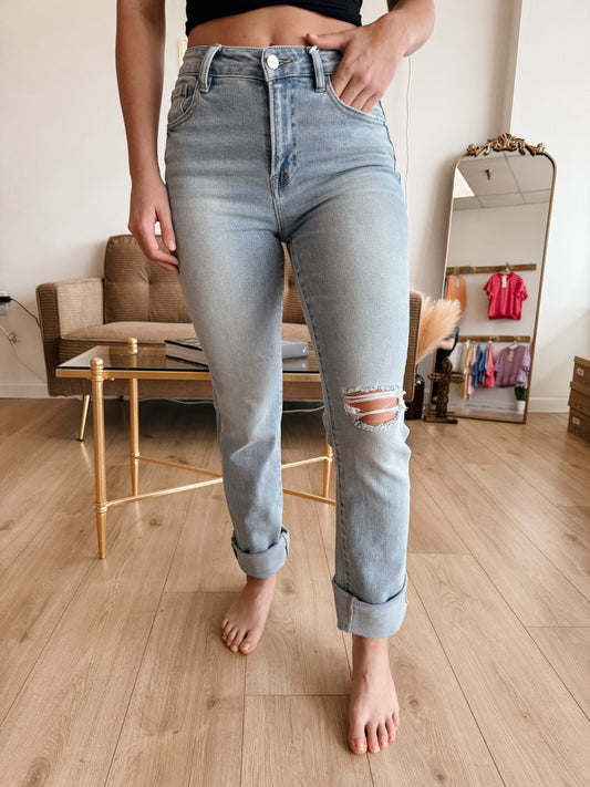 High Rise Ankle Straight Wide Cuffed Jeans - RISEN