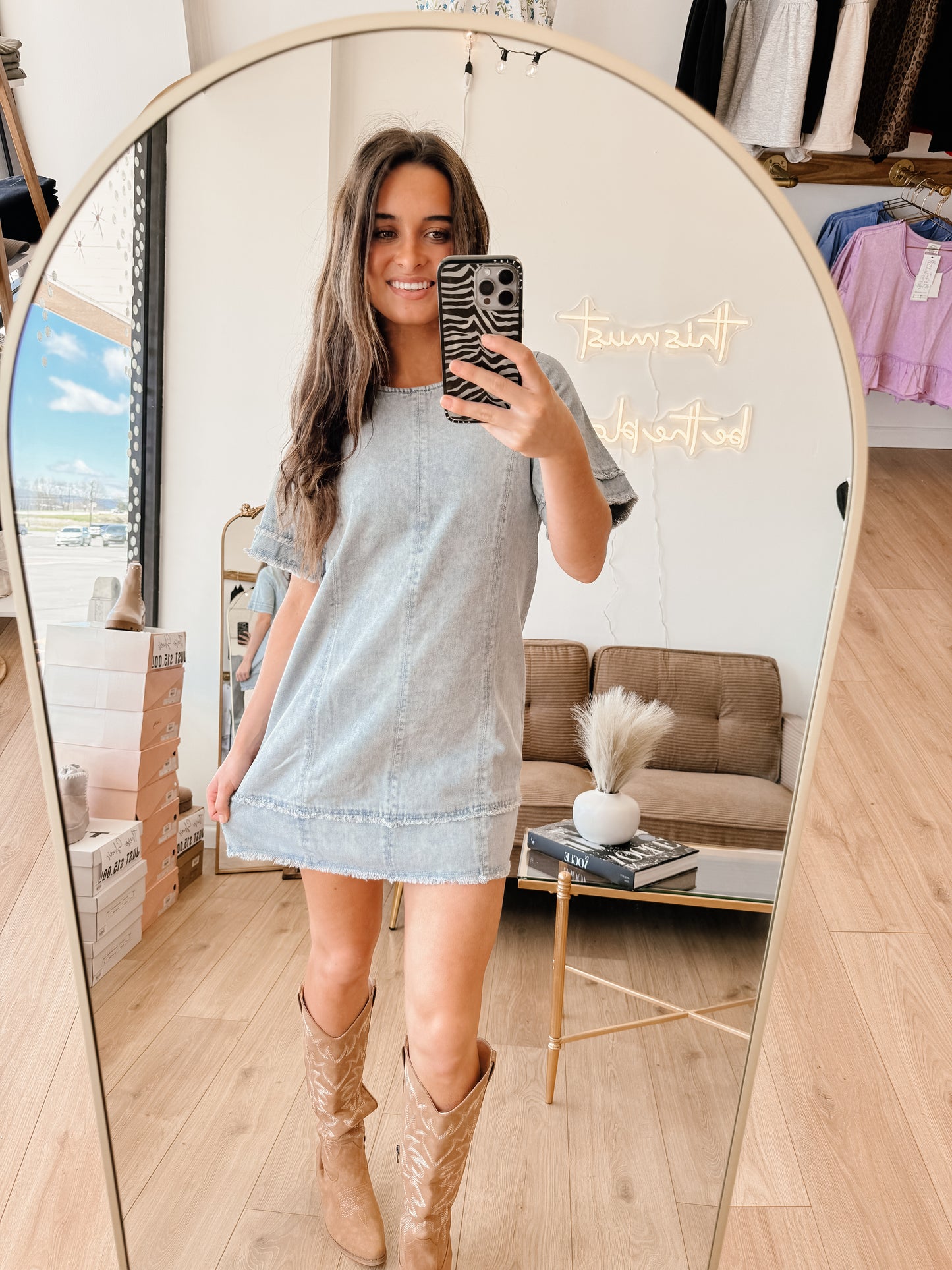 Washed Denim Shift Mini Dress