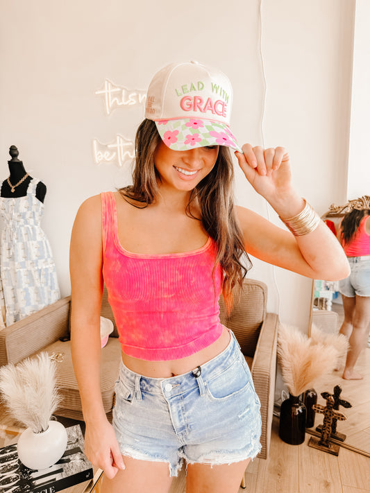 "Lead with Grace" On Tan Cap with Floral Checkered Bill