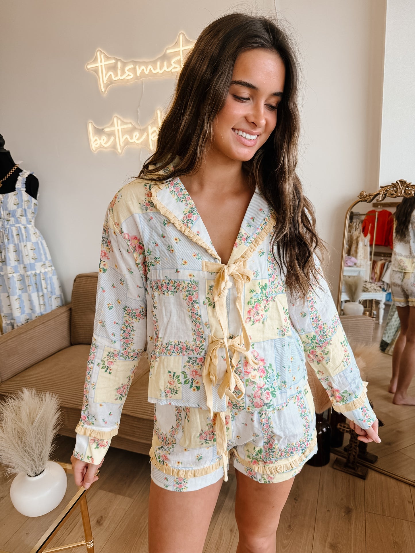 Floral Patchwork Pattern Ruffle Pajama Set