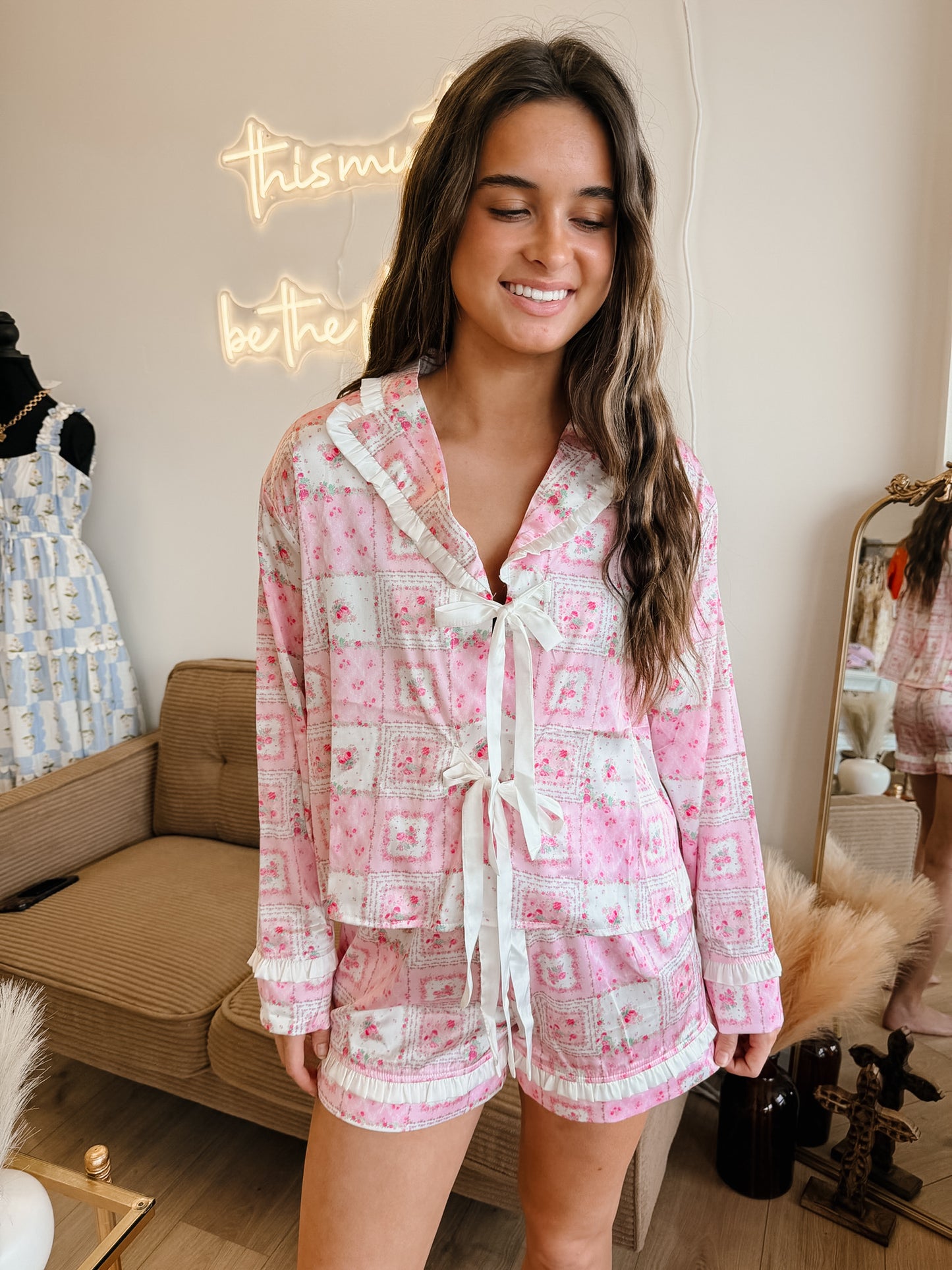Patchwork Floral Ribbon Pajama Set