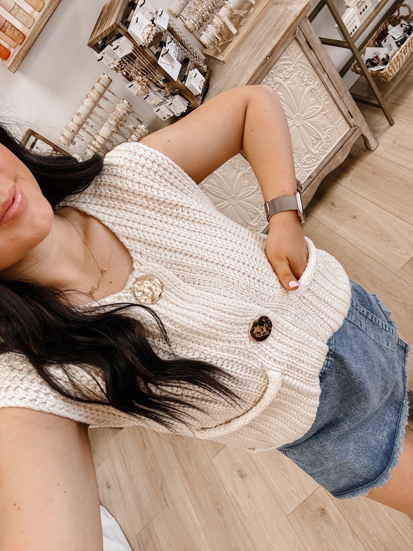 Gold Button Down Chunky Sweater Vest W/pocket (2 Colors)