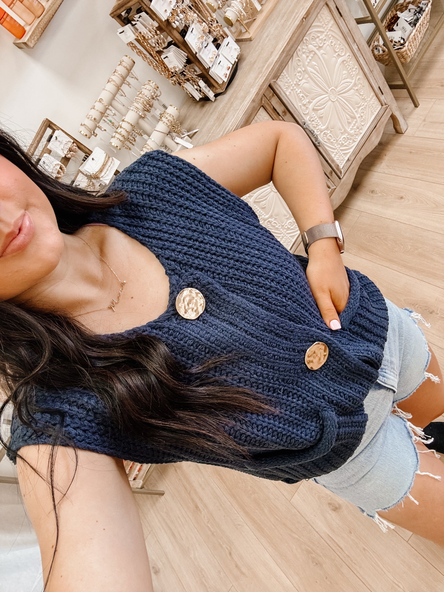 Gold Button Down Chunky Sweater Vest W/pocket (2 Colors)