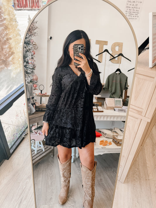 Deep V-neck Jacquard Velvet Holiday Mini Dress