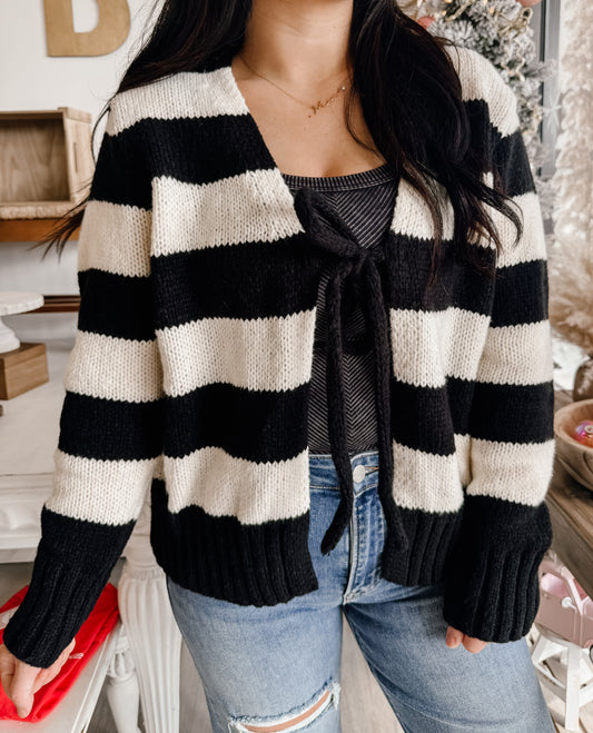 Large Front Tie Stripe Cardigan With Long Sleeves