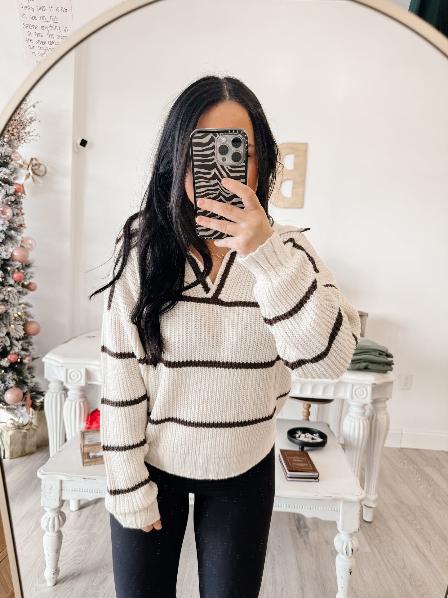 Ribbed Collared Striped Sweater