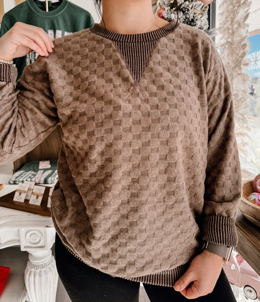 Soft Textured Checker Knnit Pullover Sweatshirt