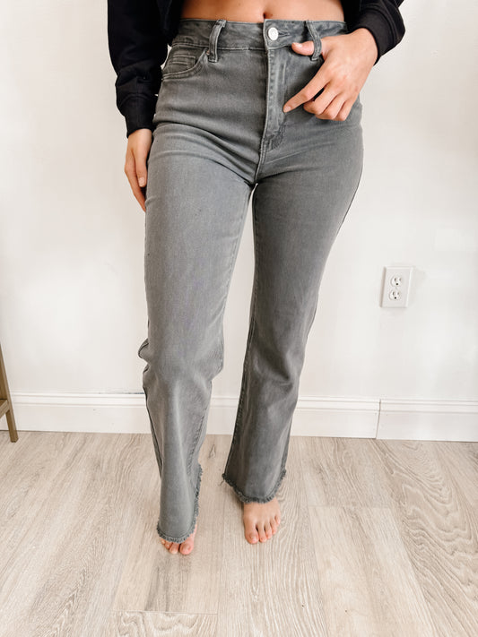 Acid Washed Frayed Cutoff Hem Straight Wide Pants