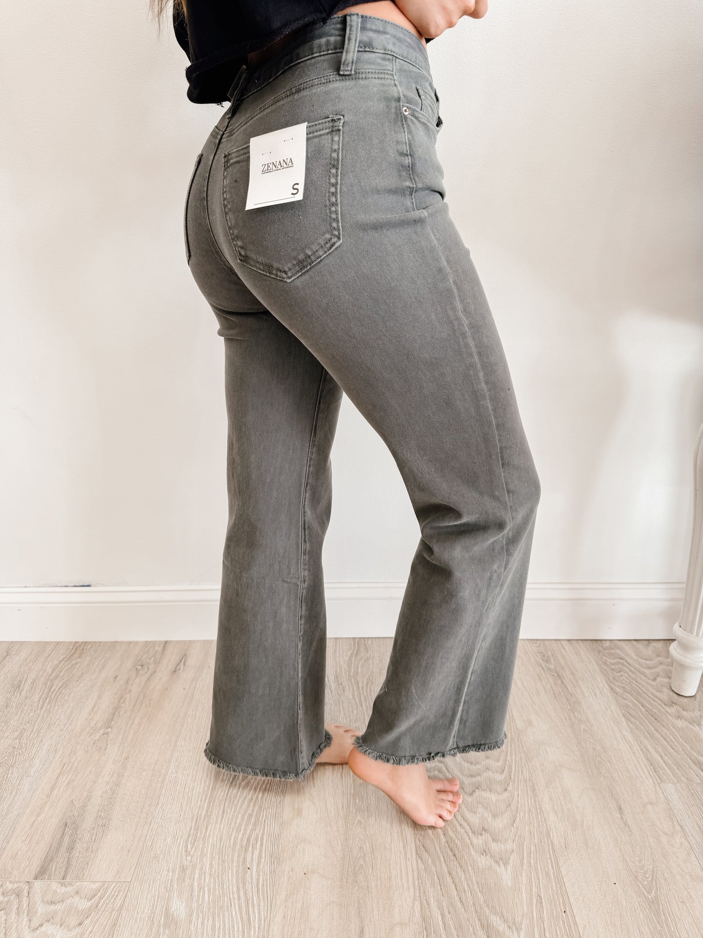 Acid Washed Frayed Cutoff Hem Straight Wide Pants