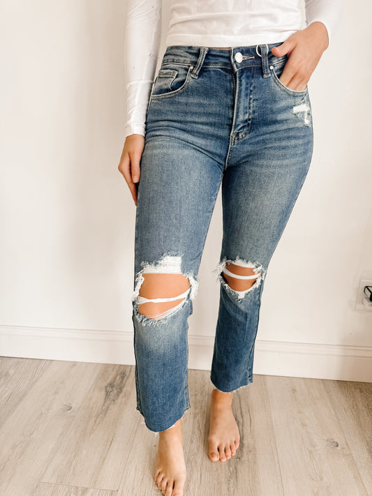 High Rise Knee Distressed Ankle Jeans