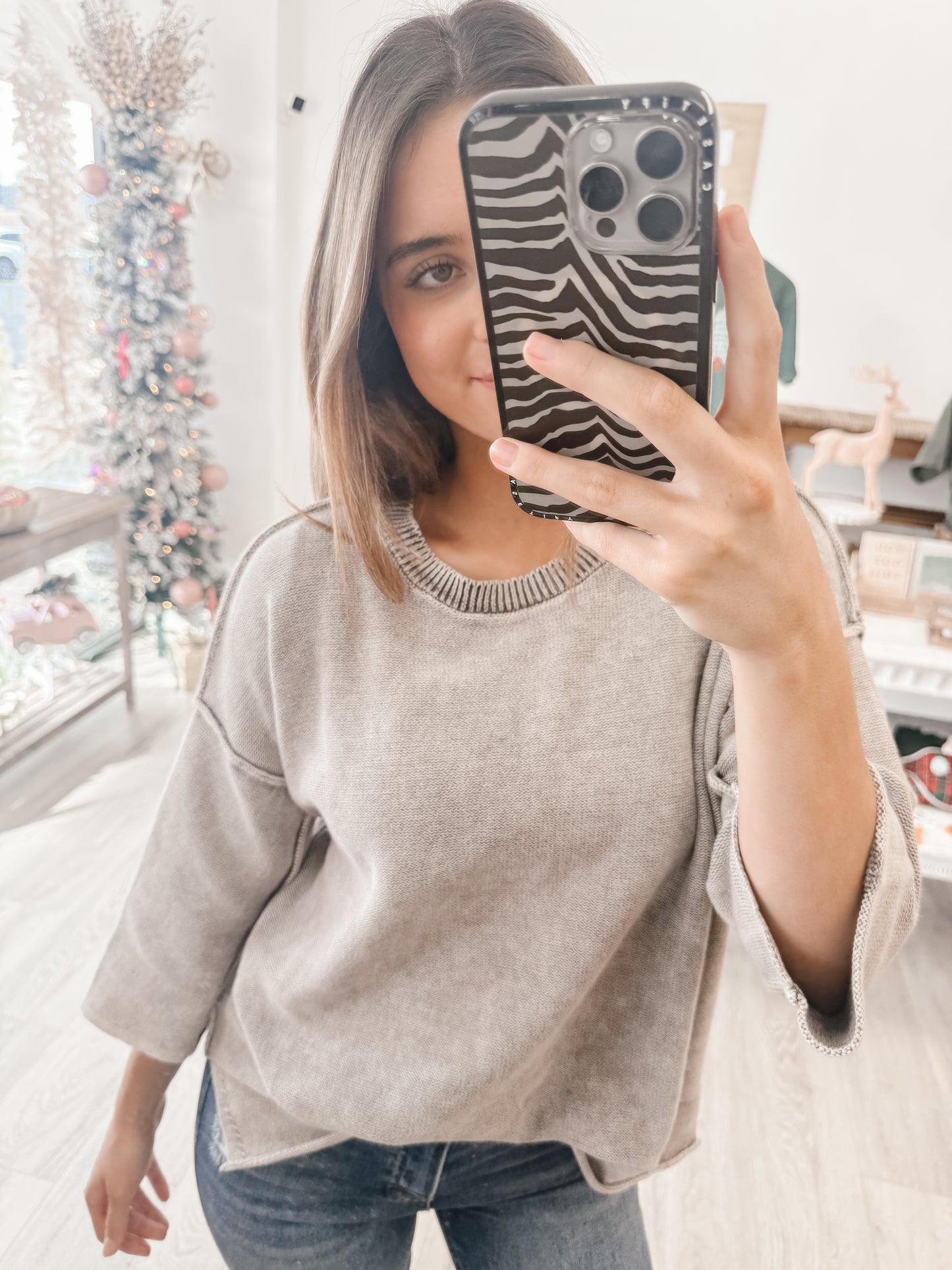 Washed 3/4 Sleeve Boxy Sweater