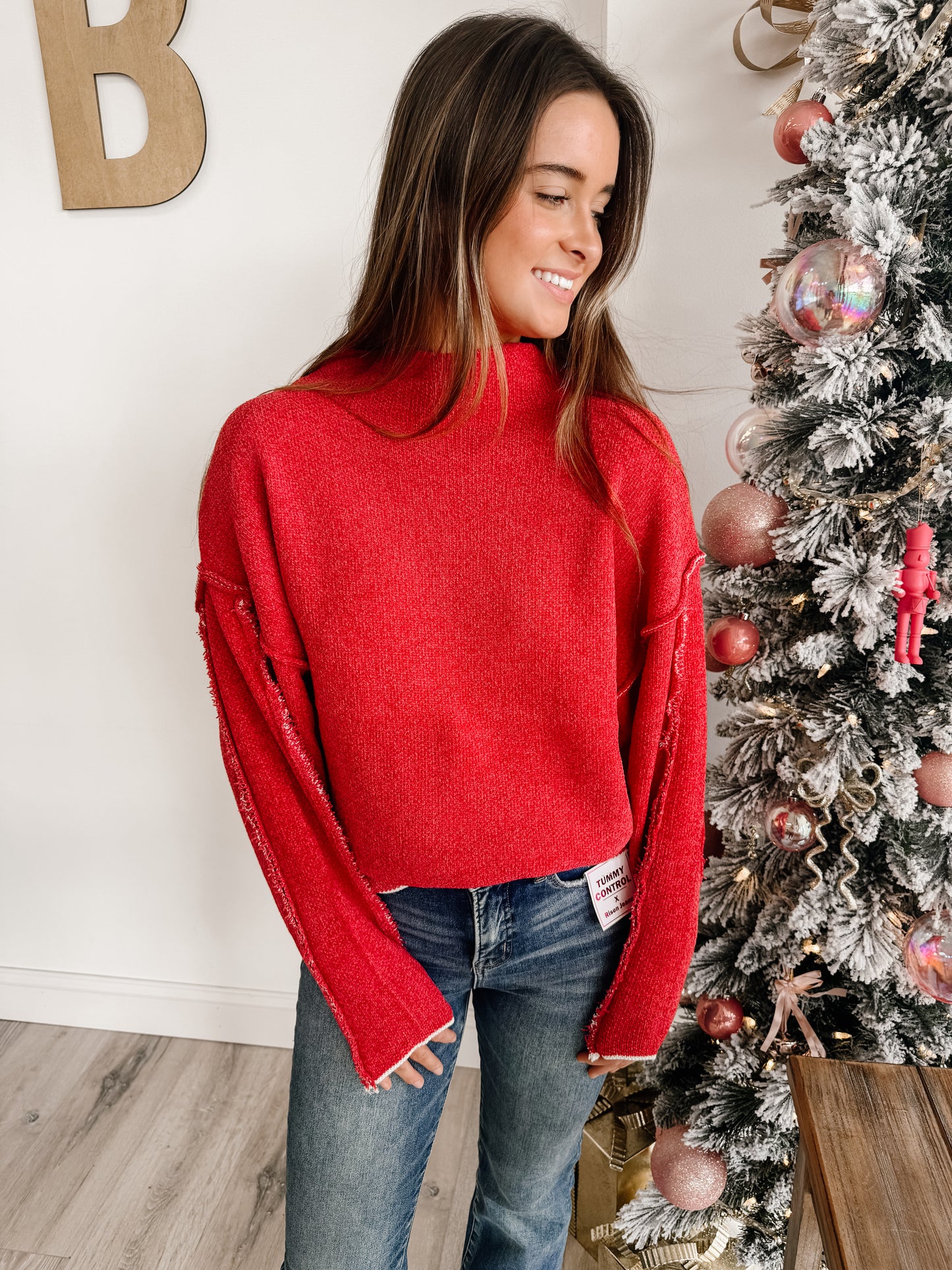 Oversized Mock Neck Raw Seam Chenille Sweater (3 COLORS)