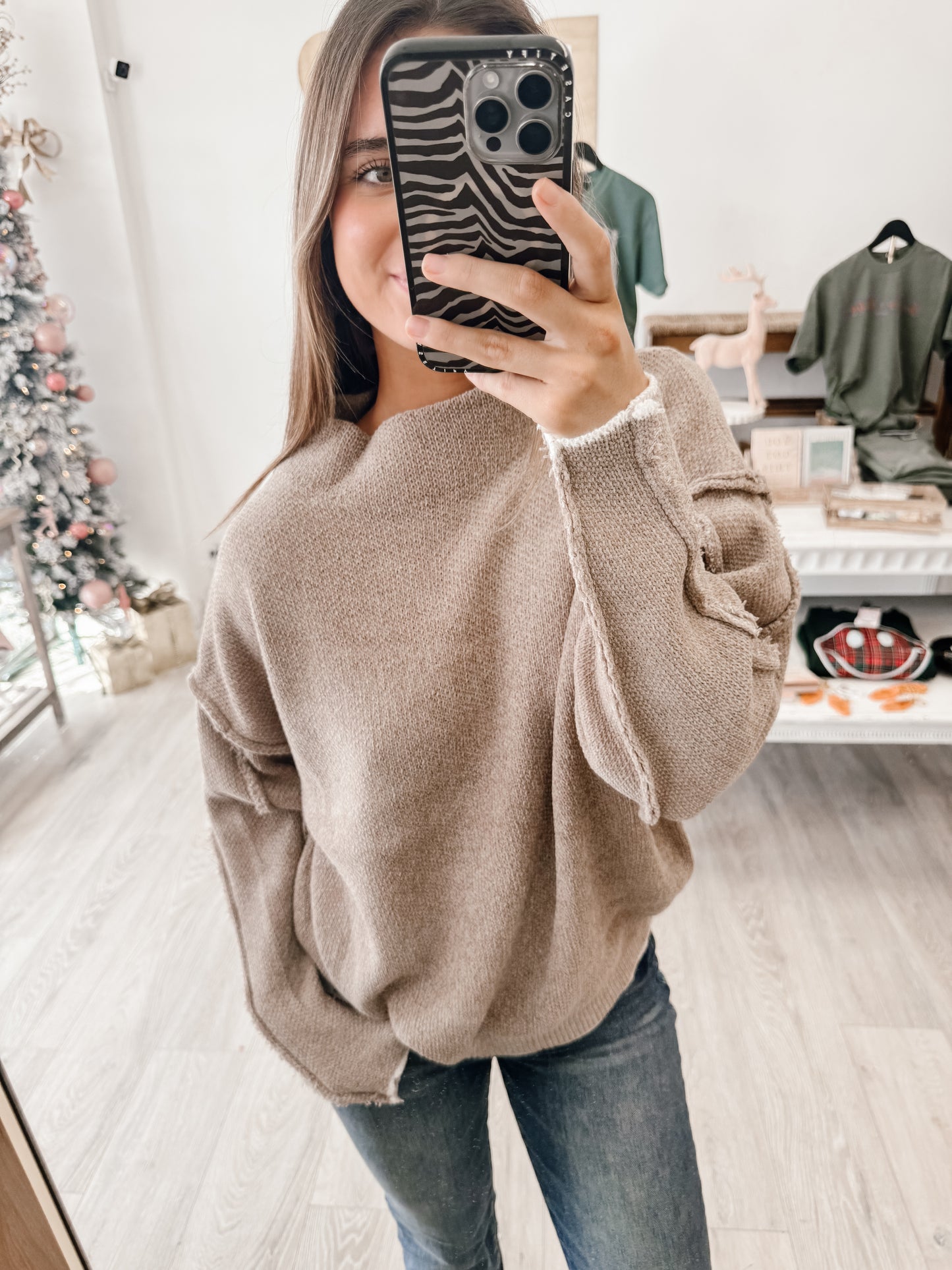 Oversized Mock Neck Raw Seam Chenille Sweater (3 COLORS)