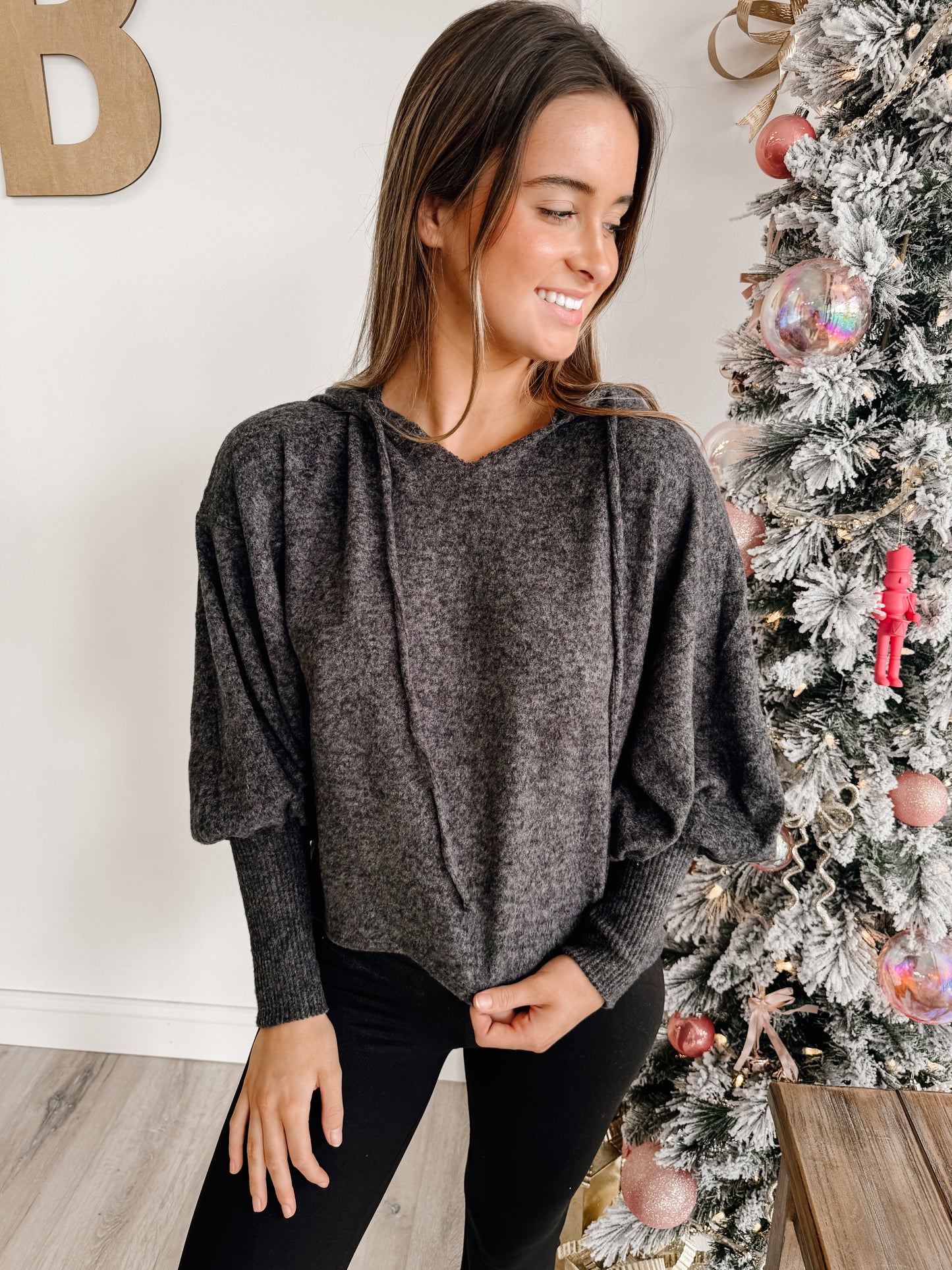 Soft Brushed Hacci Cropped Balloon Sleeve Hoodie