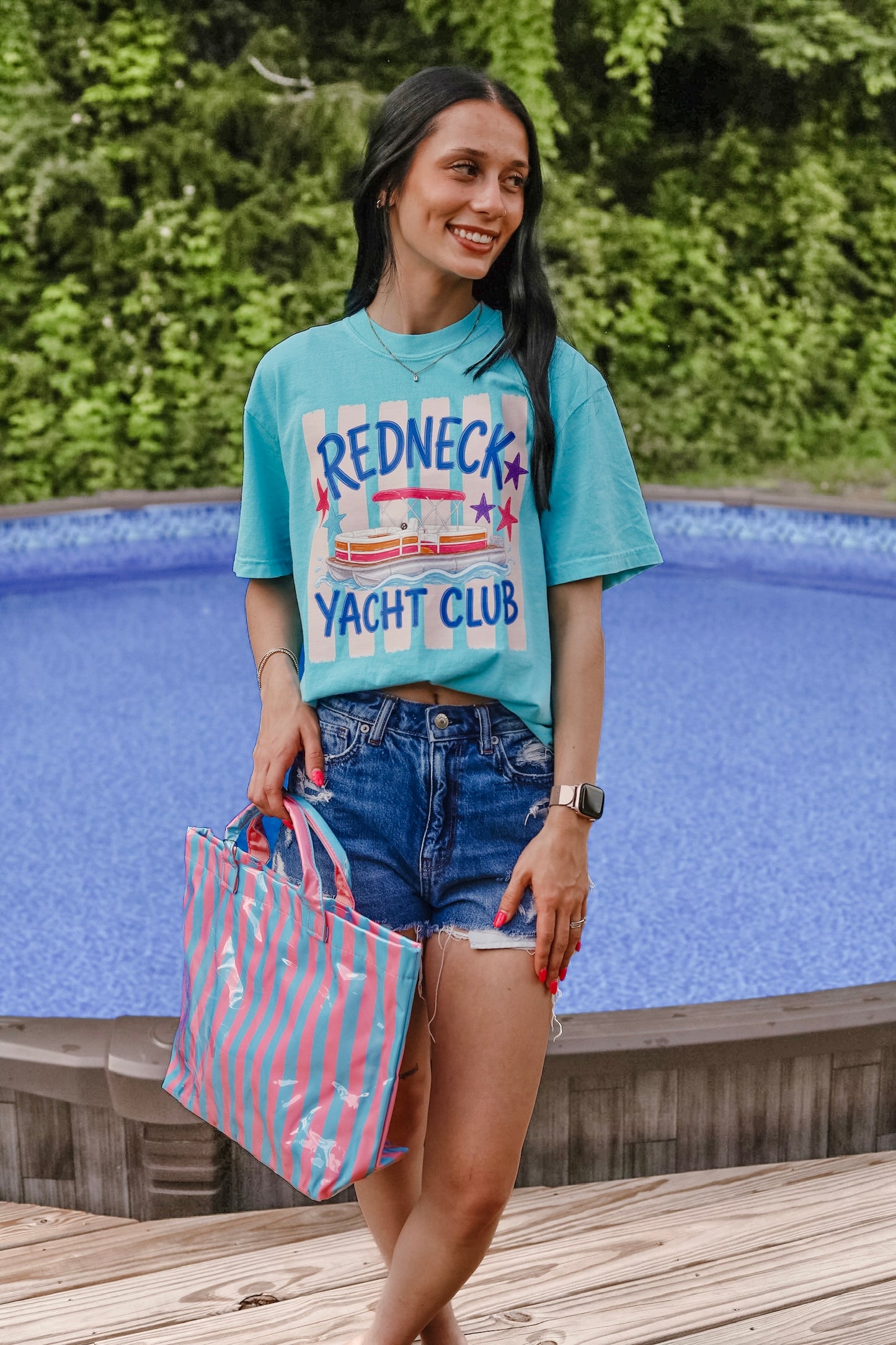 Blue Pink Striped Vinyl Tote Bag