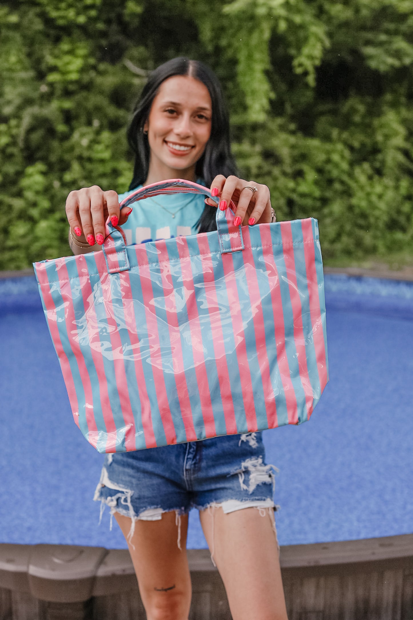 Blue Pink Striped Vinyl Tote Bag