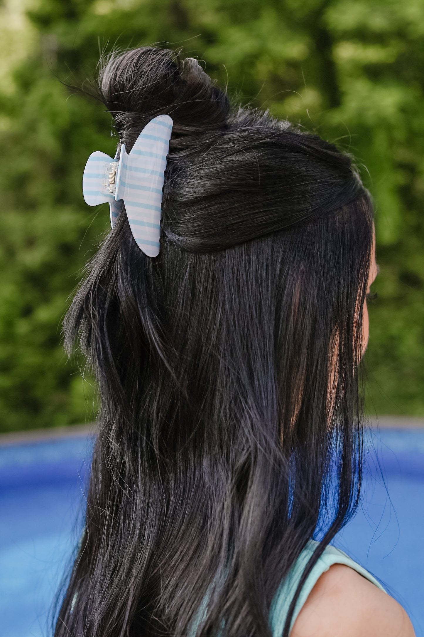 Blue Striped Oval Hair Clip
