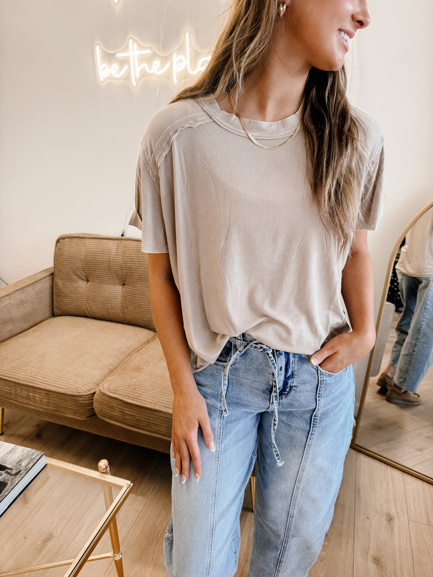 Washed Ribbed Short Sleeve Boat-neck Top ( 2 colors )