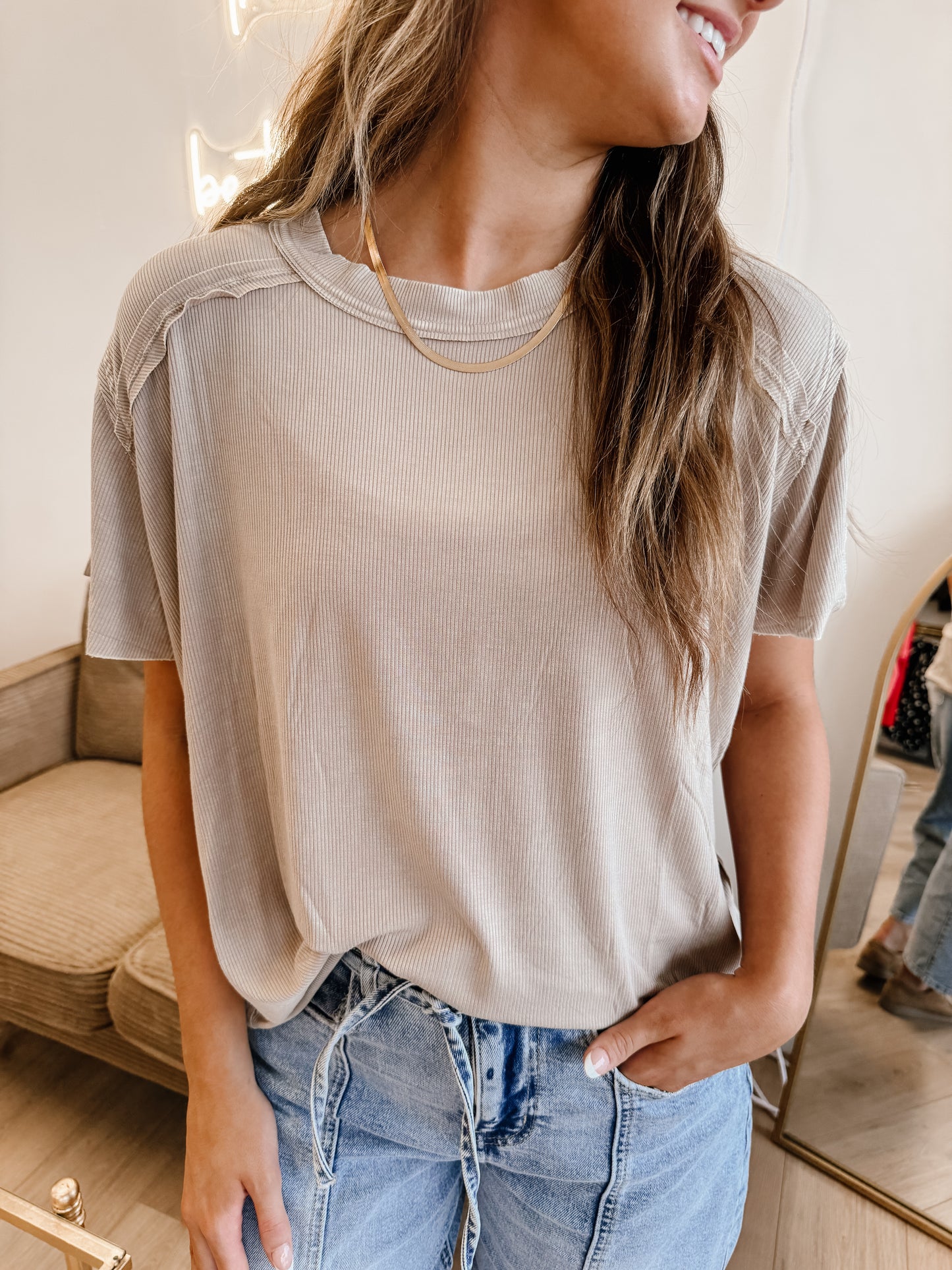 Washed Ribbed Short Sleeve Boat-neck Top ( 2 colors )