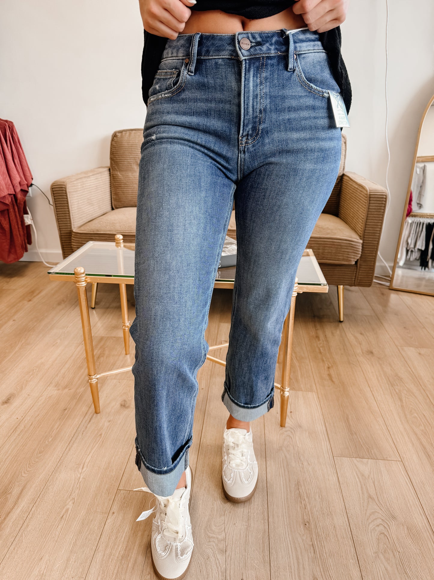 4 Way Stretch Slouchy Straight Jeans Cuffed Hem