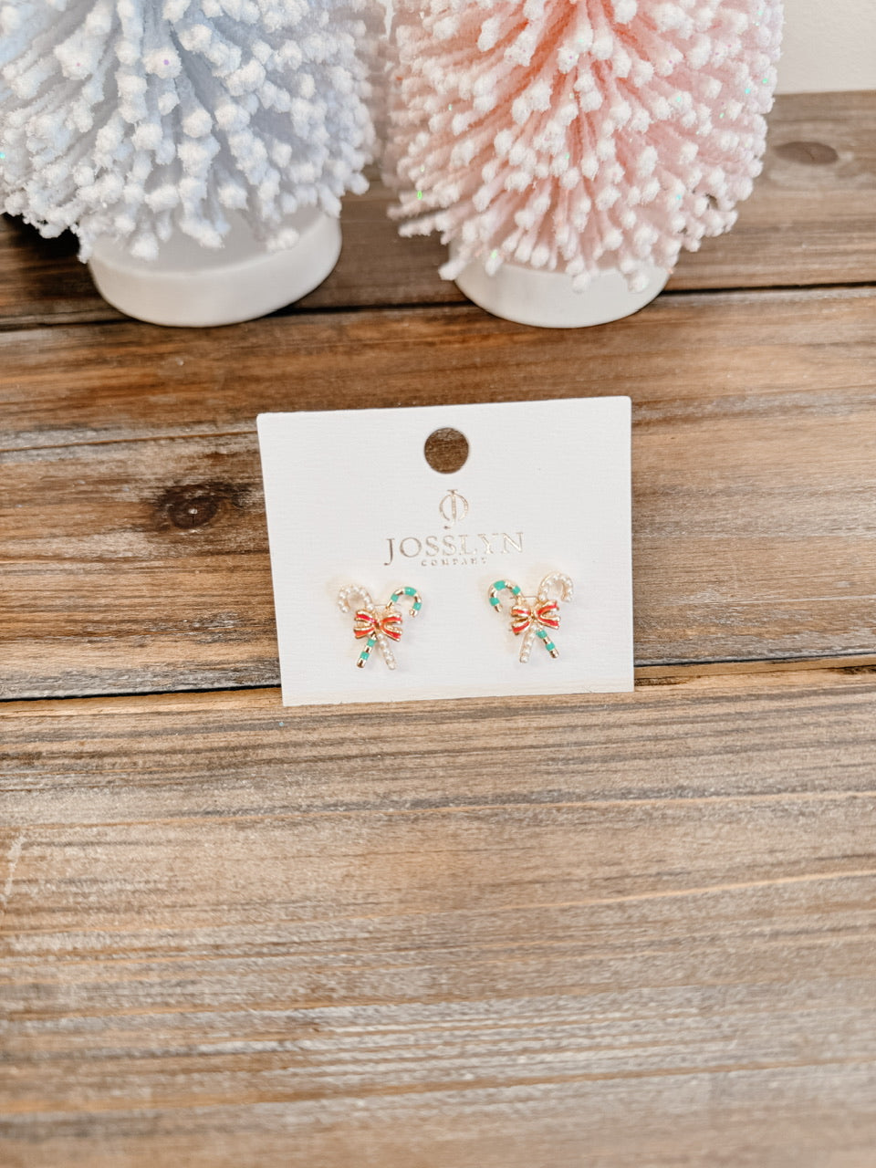 Christmas Candy Cane Pearl Bow Stud Earrings