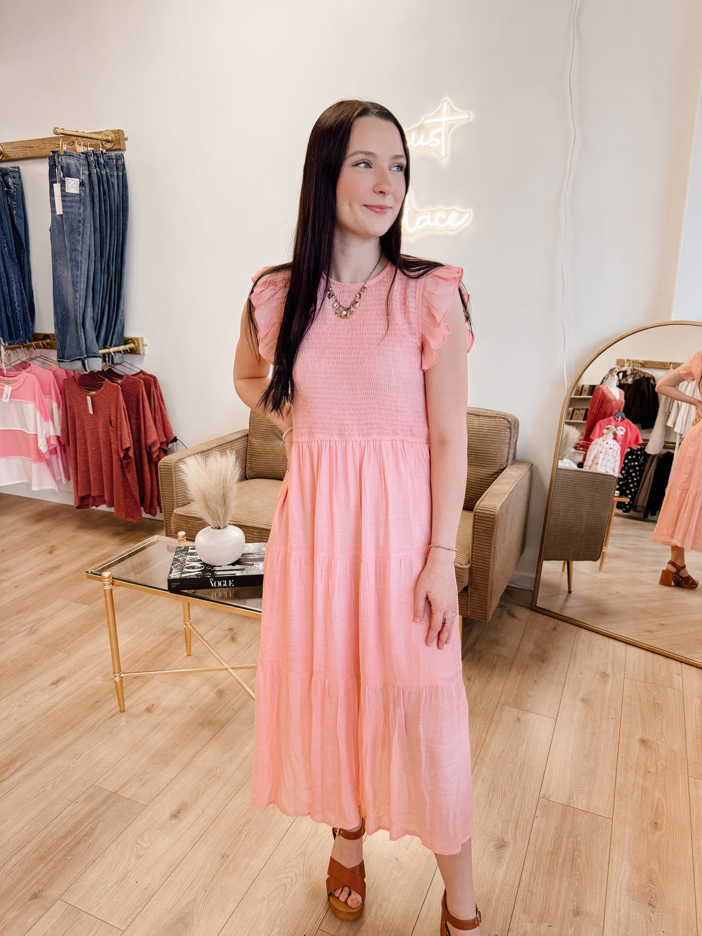 Woven Smocked Ruffle Sleeve Midi Dress