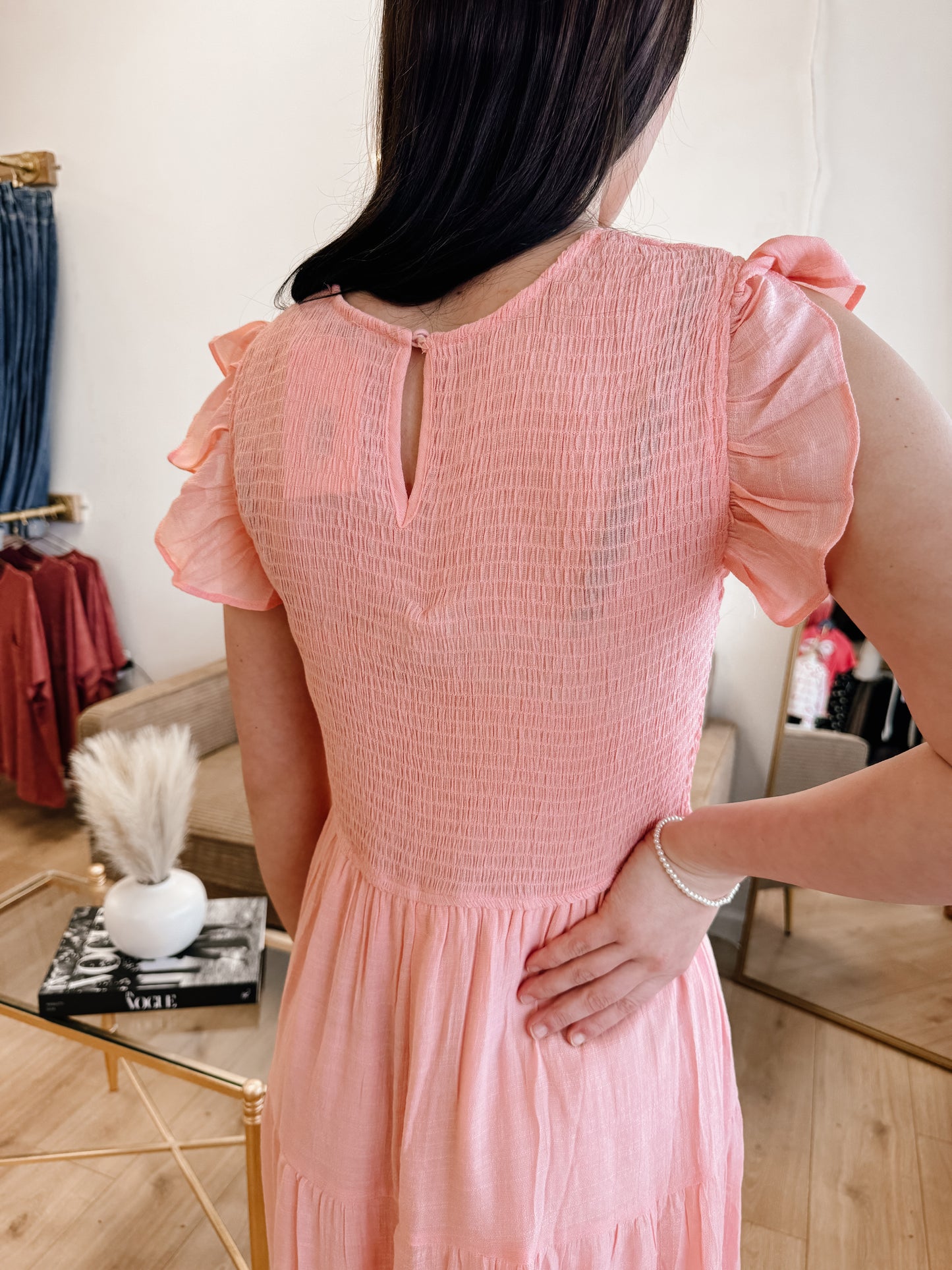 Woven Smocked Ruffle Sleeve Midi Dress