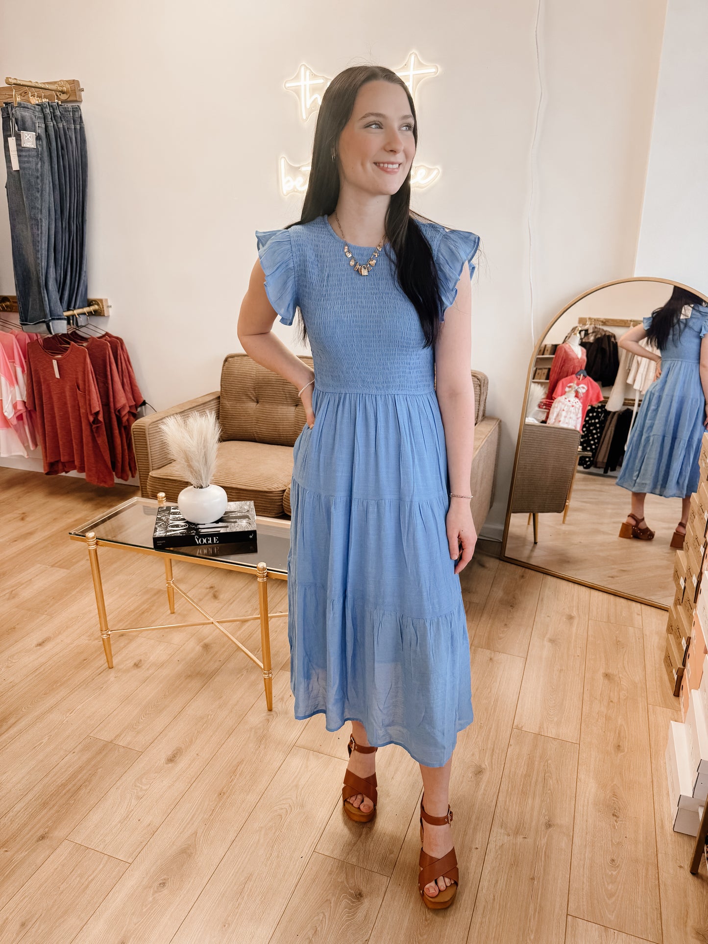 Woven Smocked Ruffle Sleeve Midi Dress