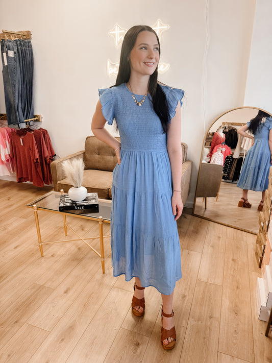 Woven Smocked Ruffle Sleeve Midi Dress