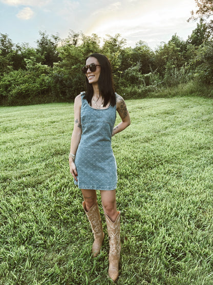 Bow Pattern Sleeveless Denim Mini Dress