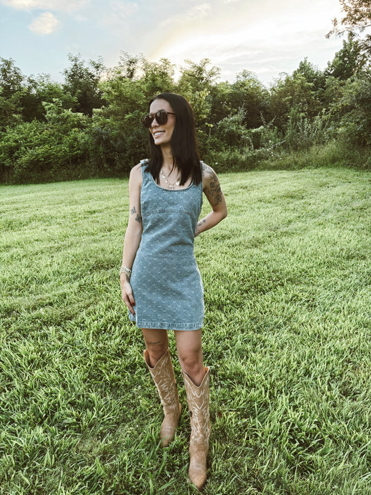Bow Pattern Sleeveless Denim Mini Dress
