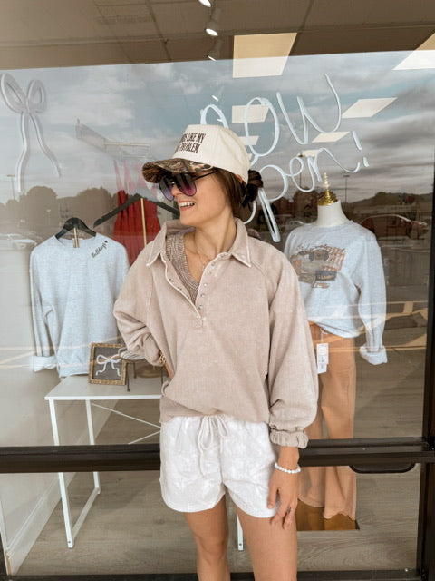 Acid Wash Fleece Button Up Collared Pullover