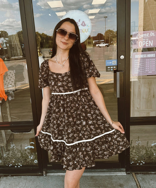 Floral Contrast Trim Detail Puffsleeves Mini Dress