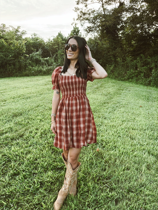 Plaid Smocked Puff Sleeve Midi Dress