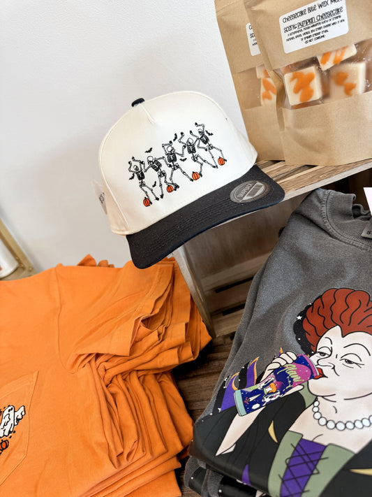 Embroidered Pumpkin Skeleton Trucker Hat