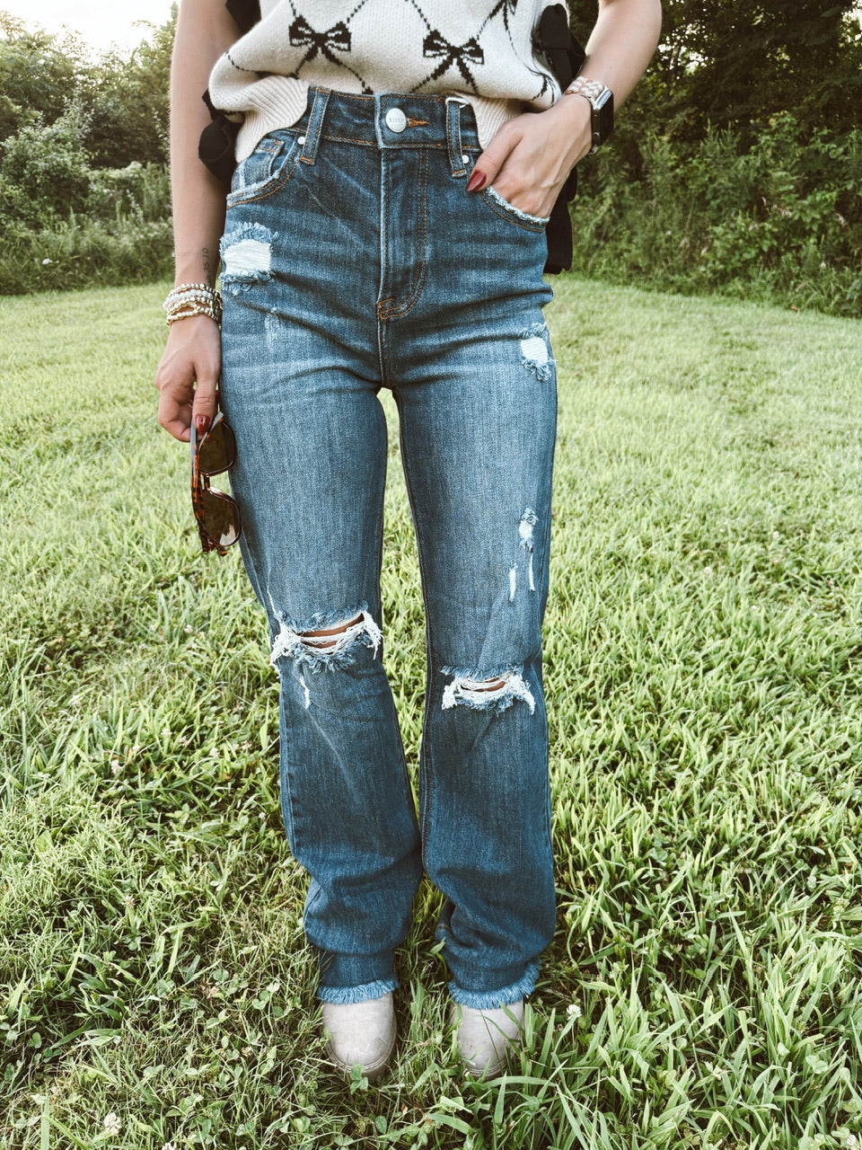 RISEN High Rise Straight Knee Distressed Jeans