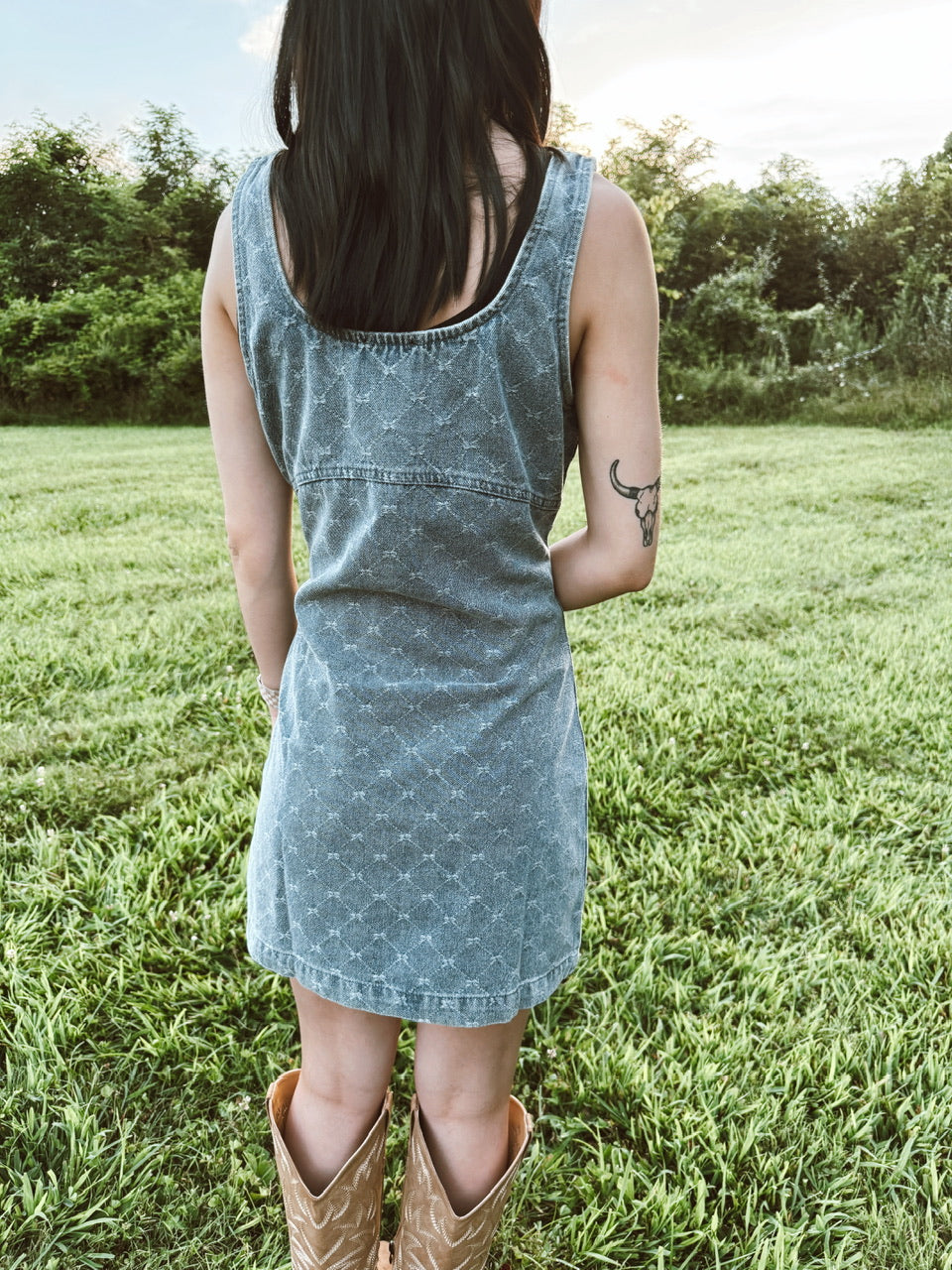 Bow Pattern Sleeveless Denim Mini Dress