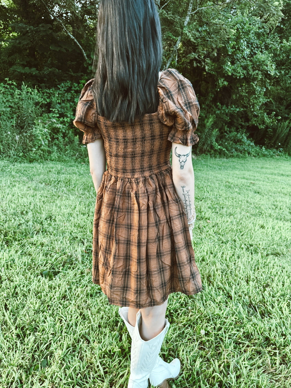 Plaid Smocked Puff Sleeve Midi Dress