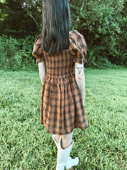 Plaid Smocked Puff Sleeve Midi Dress