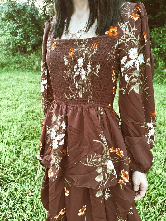 Floral Smocked Tiered Balloon Sleeve Midi Dress