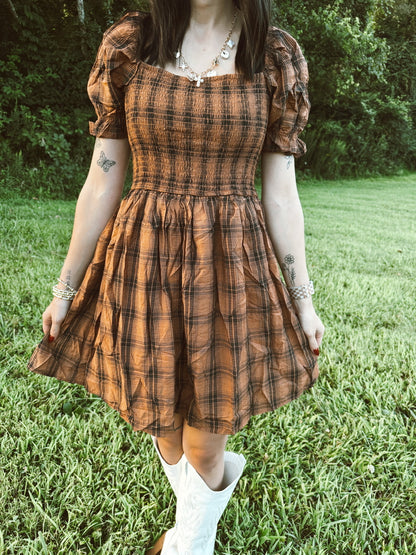 Plaid Smocked Puff Sleeve Midi Dress