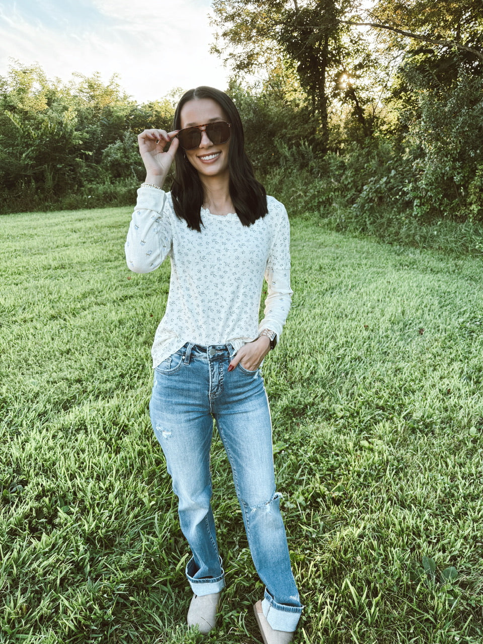 Floral Printed Lettuce Hem Fitted Knit Top