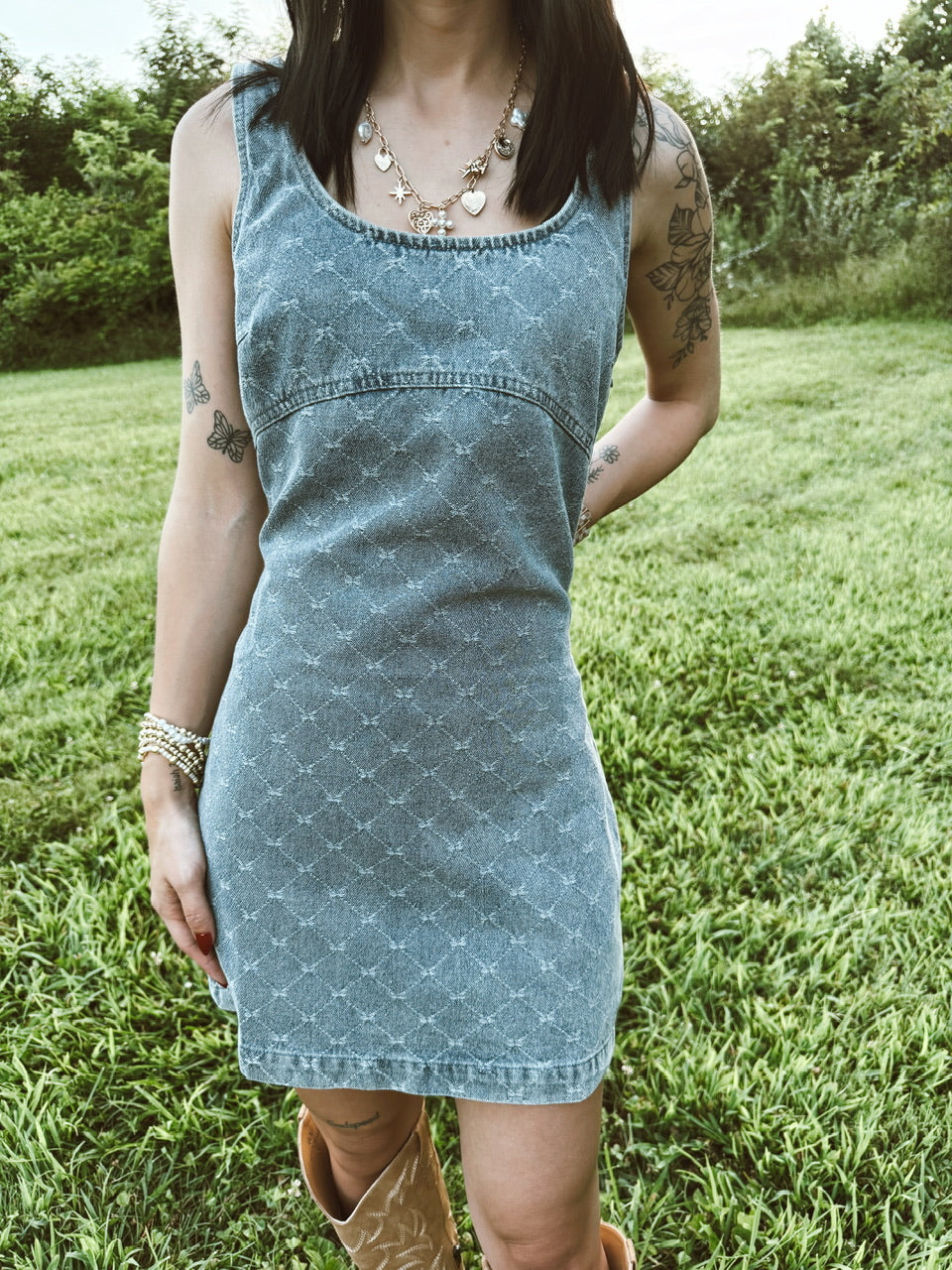 Bow Pattern Sleeveless Denim Mini Dress