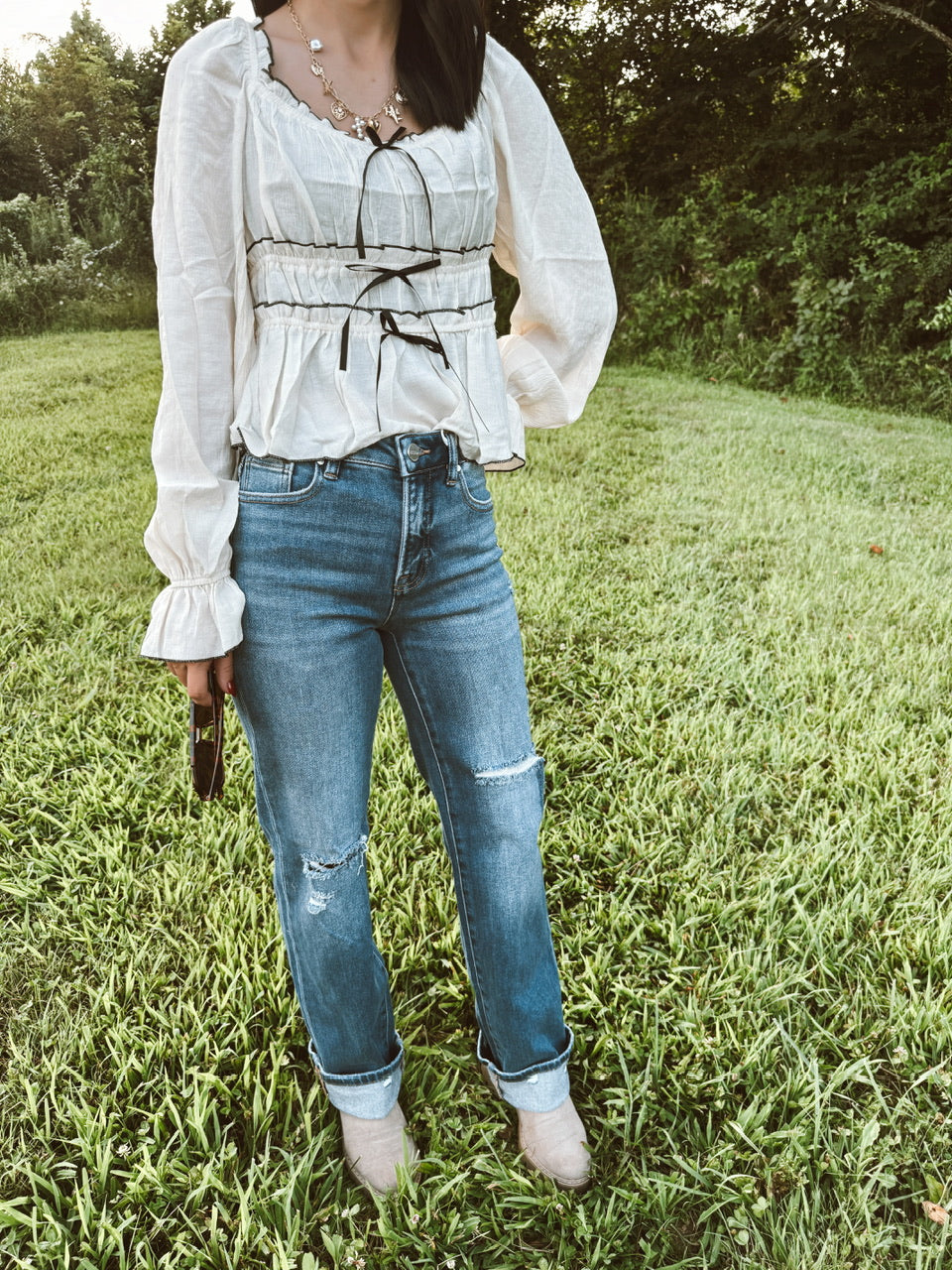 RISEN Tummy Control High Rise Straight Leg Distressed