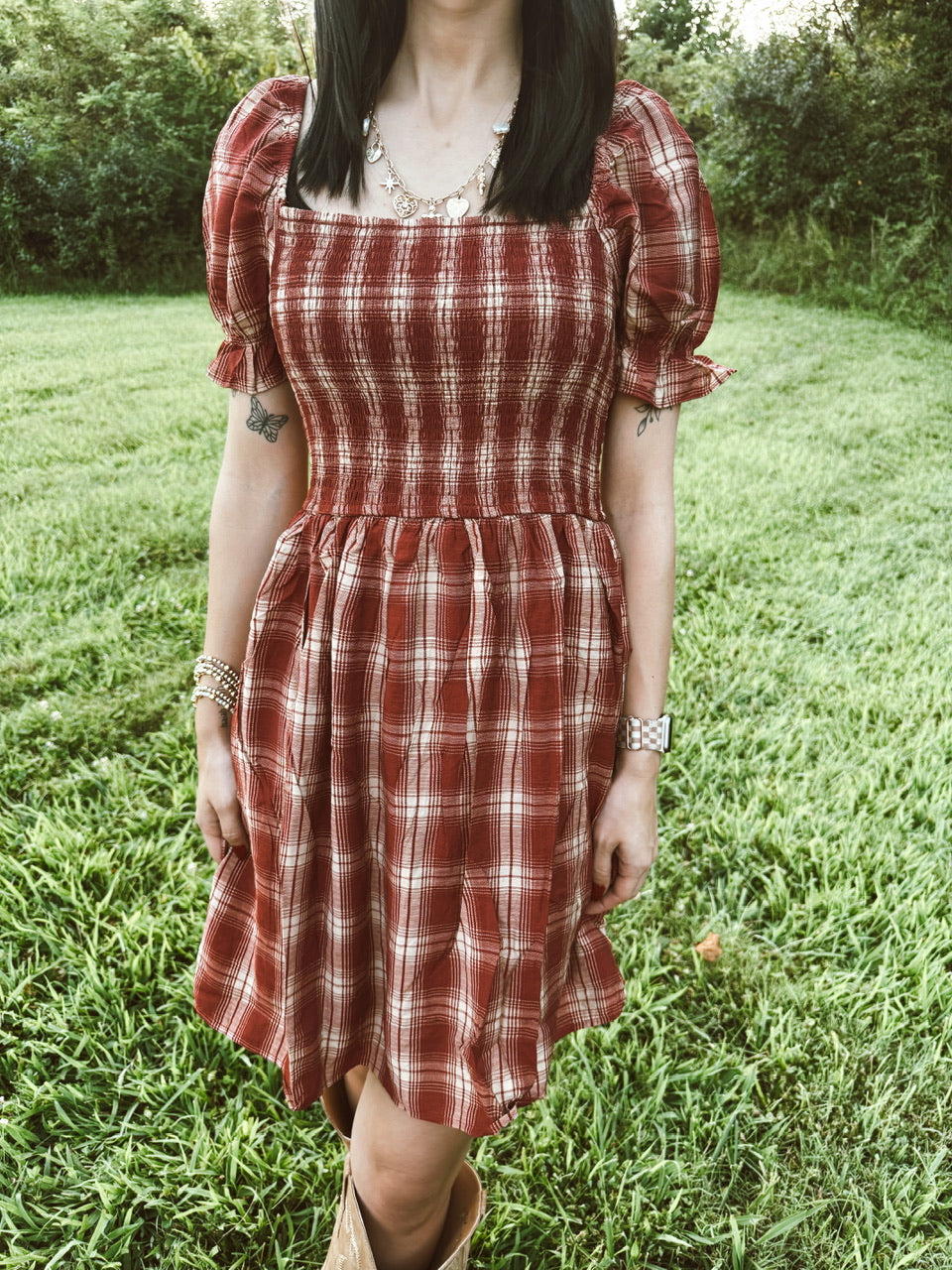Plaid Smocked Puff Sleeve Midi Dress