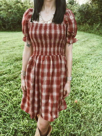 Plaid Smocked Puff Sleeve Midi Dress
