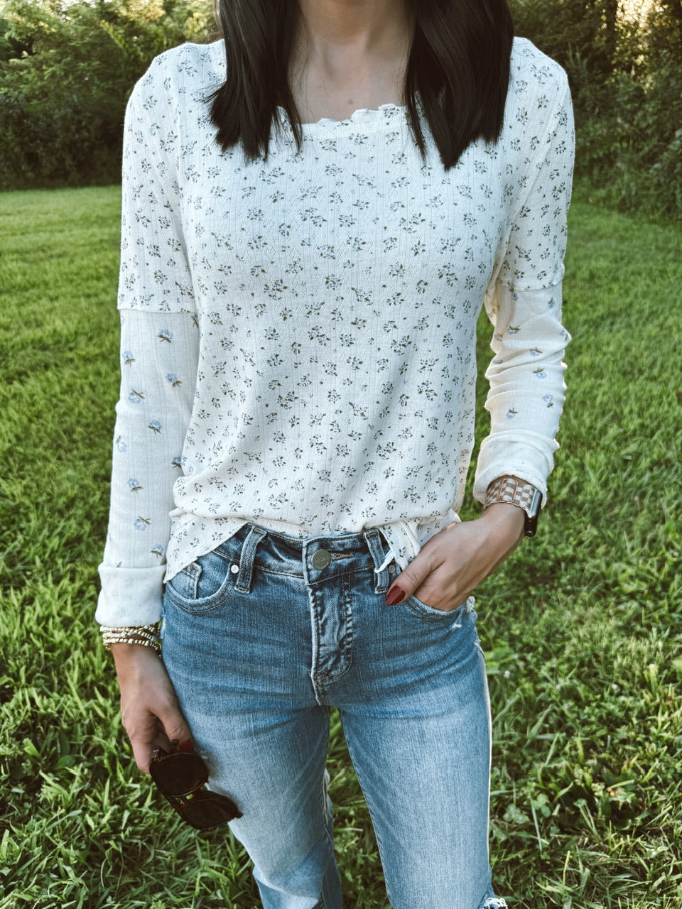 Floral Printed Lettuce Hem Fitted Knit Top