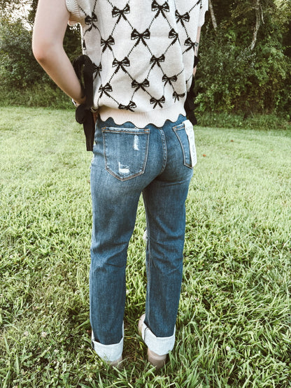 RISEN High Rise Straight Knee Distressed Jeans