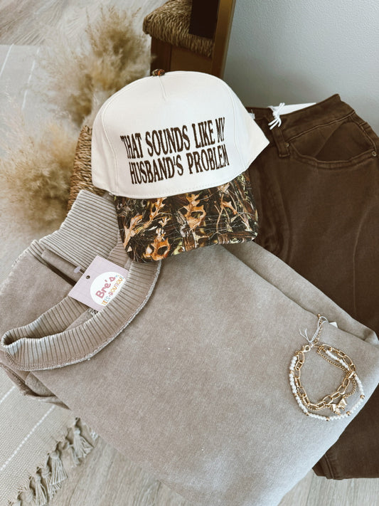 Embroidered Husband's Prob Camo/Beige Trucker Hat